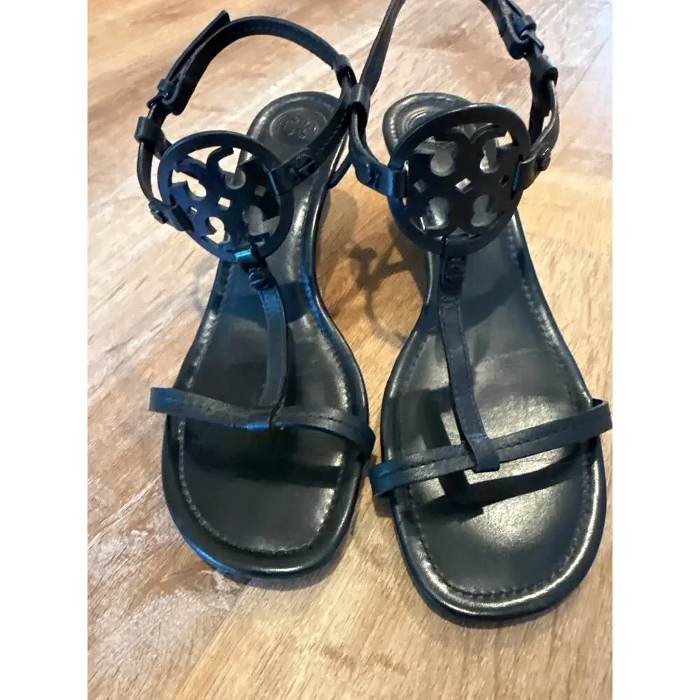 Tory Burch Miller T-Strap Wedge Sandals Black Leather Size 9